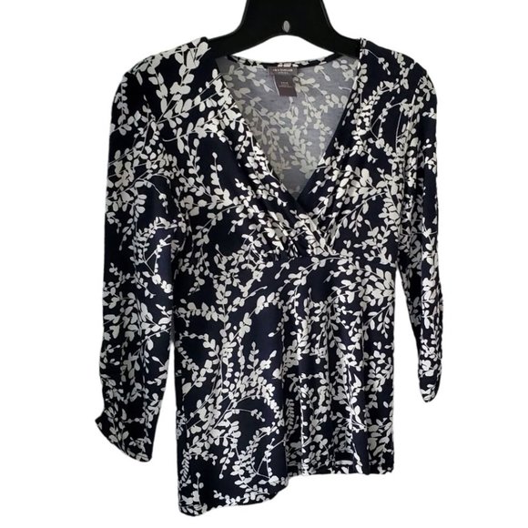 Ann Taylor V-neck Empire Waist 3/4 Sleeve Top | Like New |XXSP | Navy Blue White - Picture 2 of 6